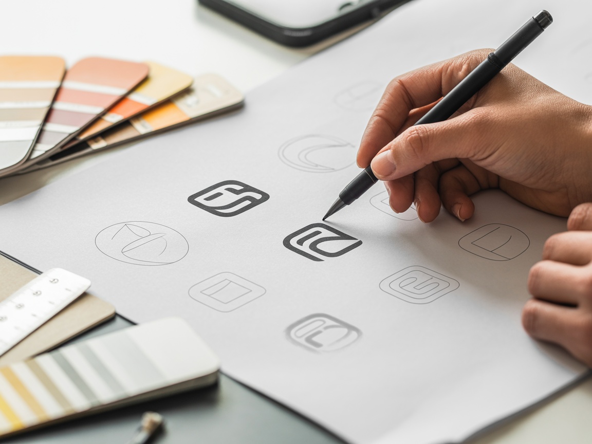 Designer hands sketching logo iterations